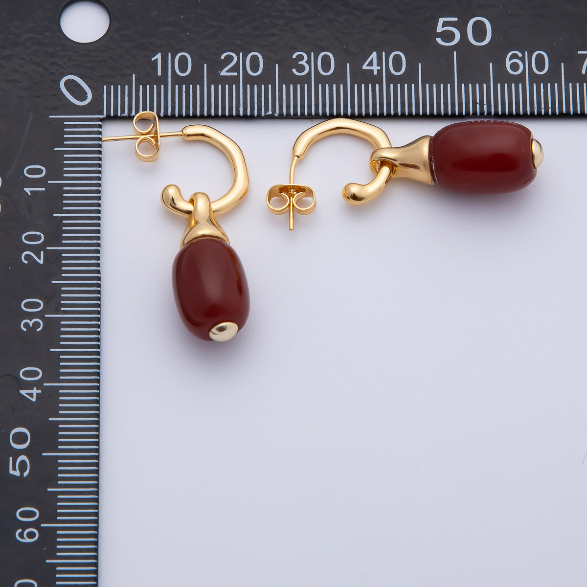 18K Gold Filled 35.5mm Bloody Red Gemstone Oval Drop C-Shaped Hoop Earrings | AD1586