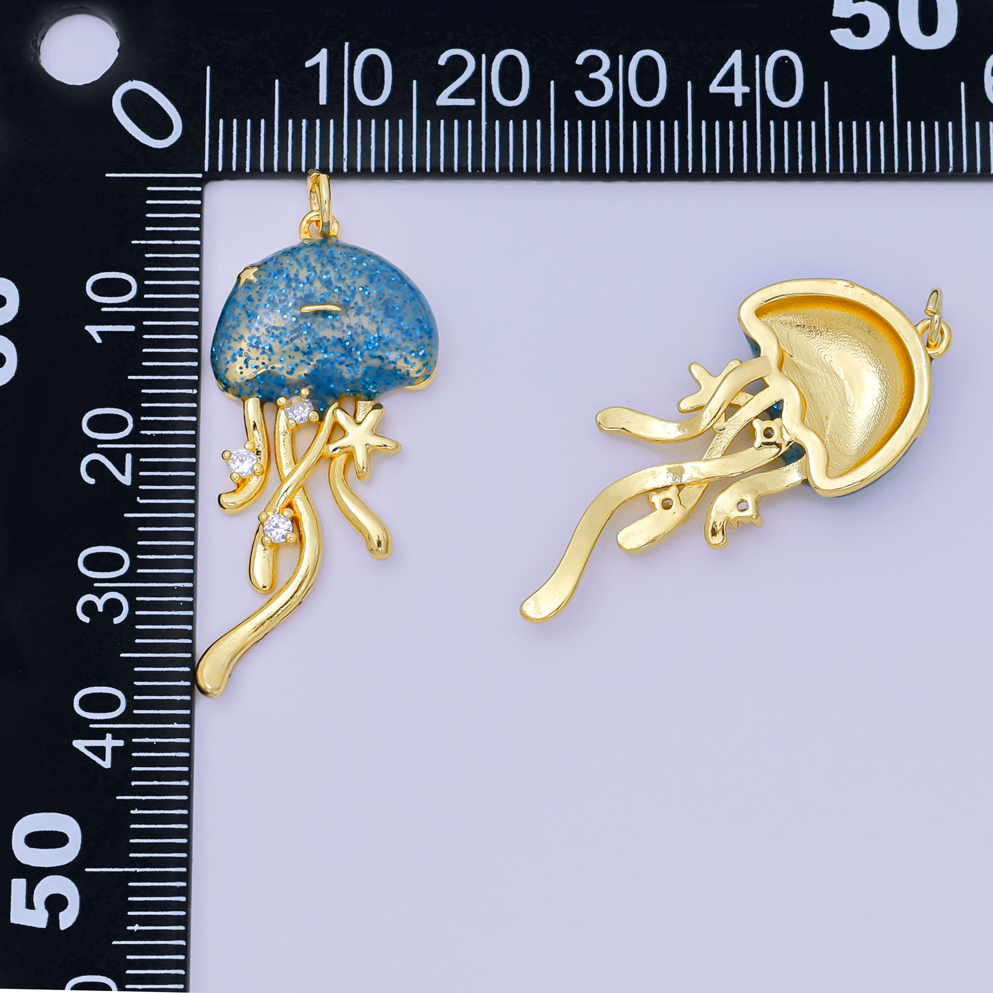 24K Gold Filled 35.5mm Enamel Art Blue Glittered Jellyfish Sea Animal Charm | AH-605