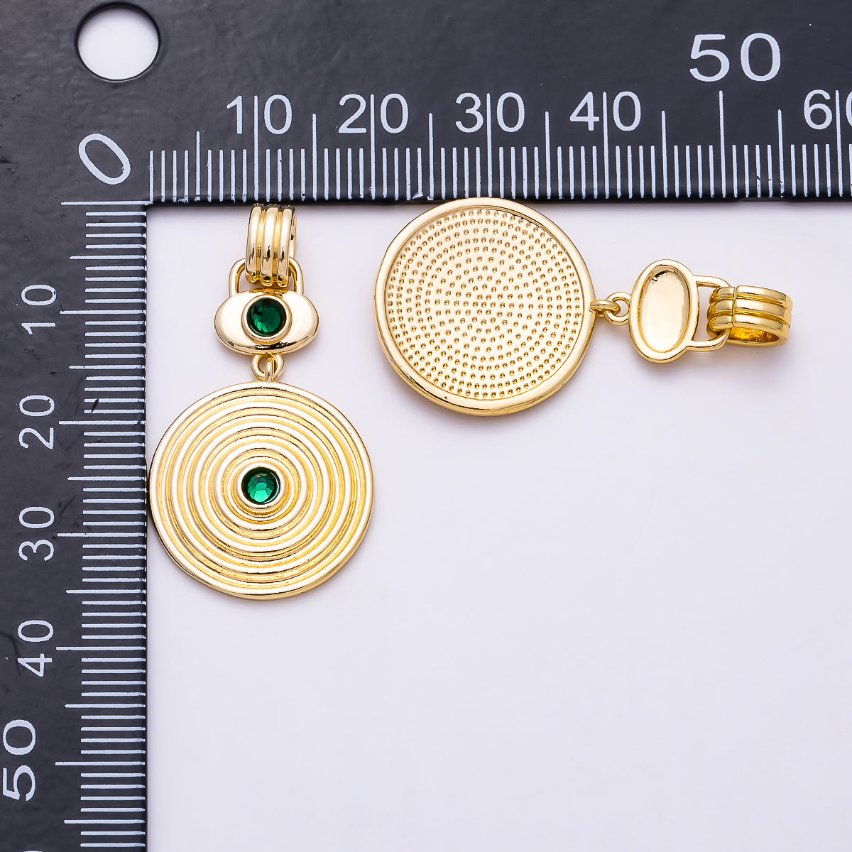 16K Gold Filled 36mm Green CZ Geometric Ribbed Round Double Drop Pendant | Charms-01993