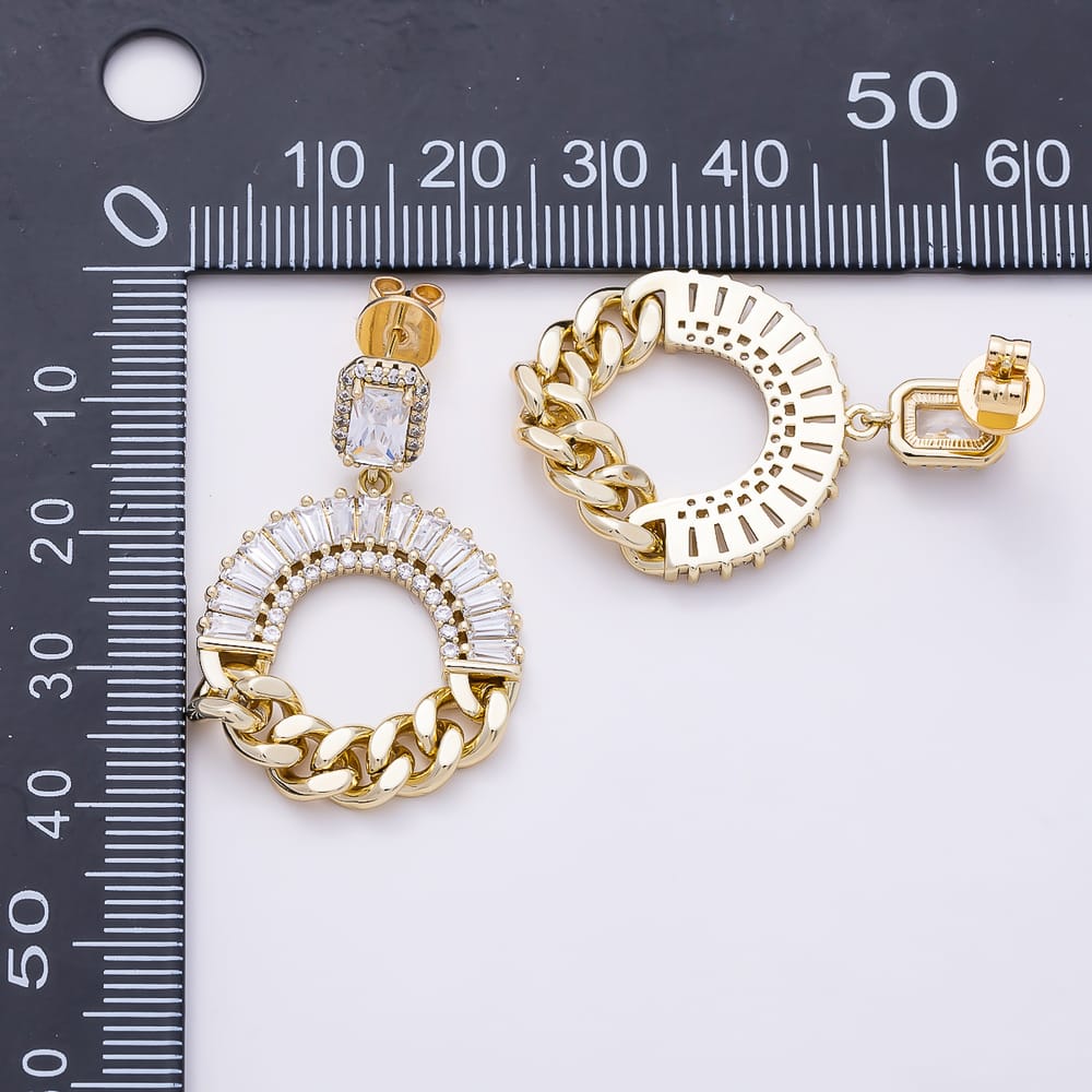 14K Gold Filled 35mm Clear Baguette CZ Curb Chain Round Drop Stud Earrings | Earrings-01214