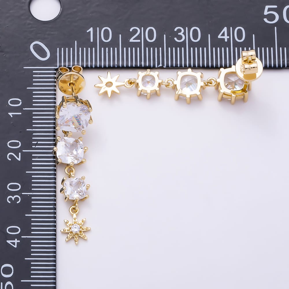 16K Gold Filled 35mm Clear CZ Square Sun Celestial Drop Stud Earrings in Gold & Silver | Earrings-01055 Earrings-01056