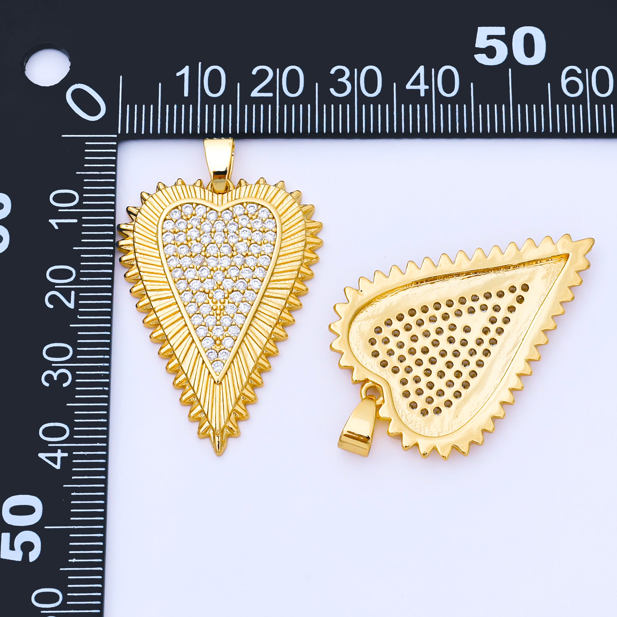 24K Gold Filled 36mm Micro Paved CZ Ribbed Teeth Outline Heart Pendant | AA1662