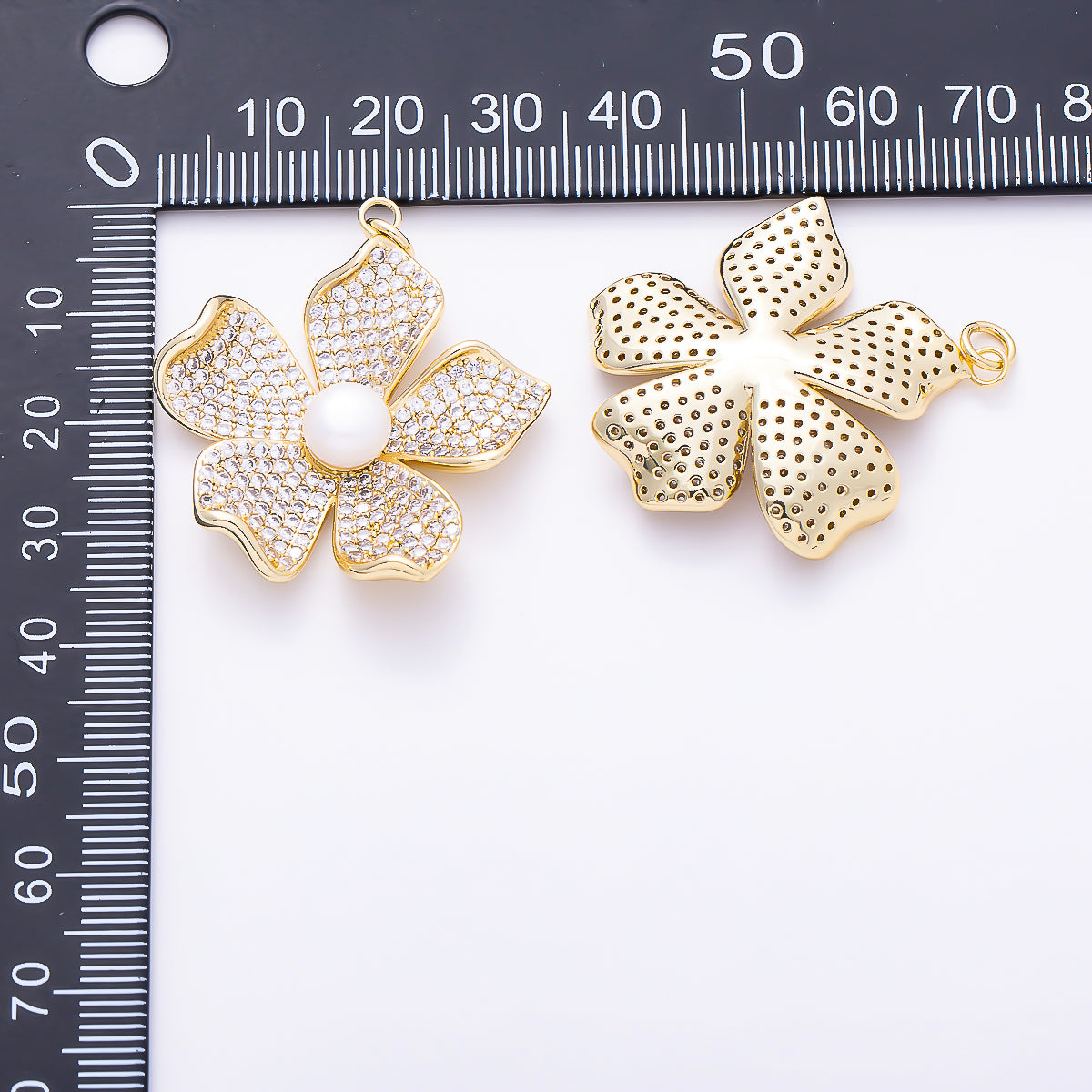 16K Gold Filled 35mm White Shell Pearl Micro Paved CZ Wavy Petal Flower Pendant | Charms-01676