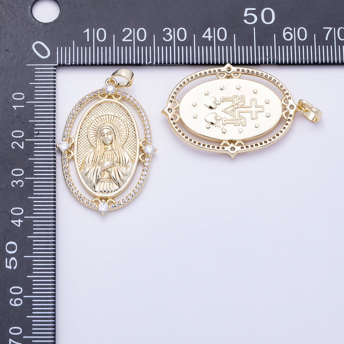16K Gold Filled 36mm Clear Micro Paved CZ Virgin Mary Oval Religious Pendant | Charms-01395