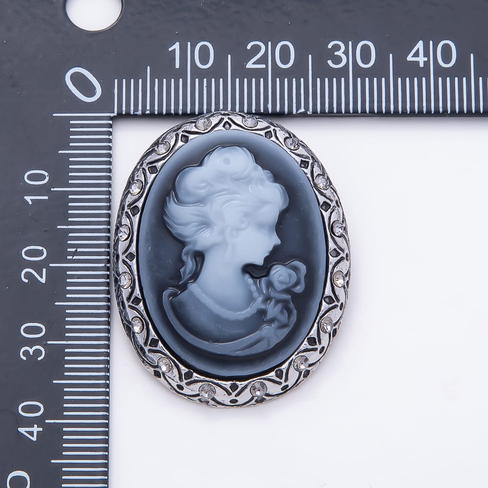 Silver Rhinestone Women Cameo Portrait Blue Oval Pin Brooch | BH-00209