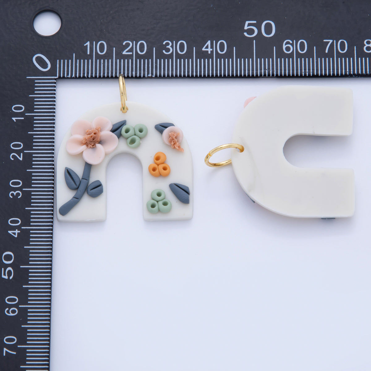 18K Gold Filled Multicolor Pink Flower Plant Polymer Clay White U-Shaped Charm | AF373