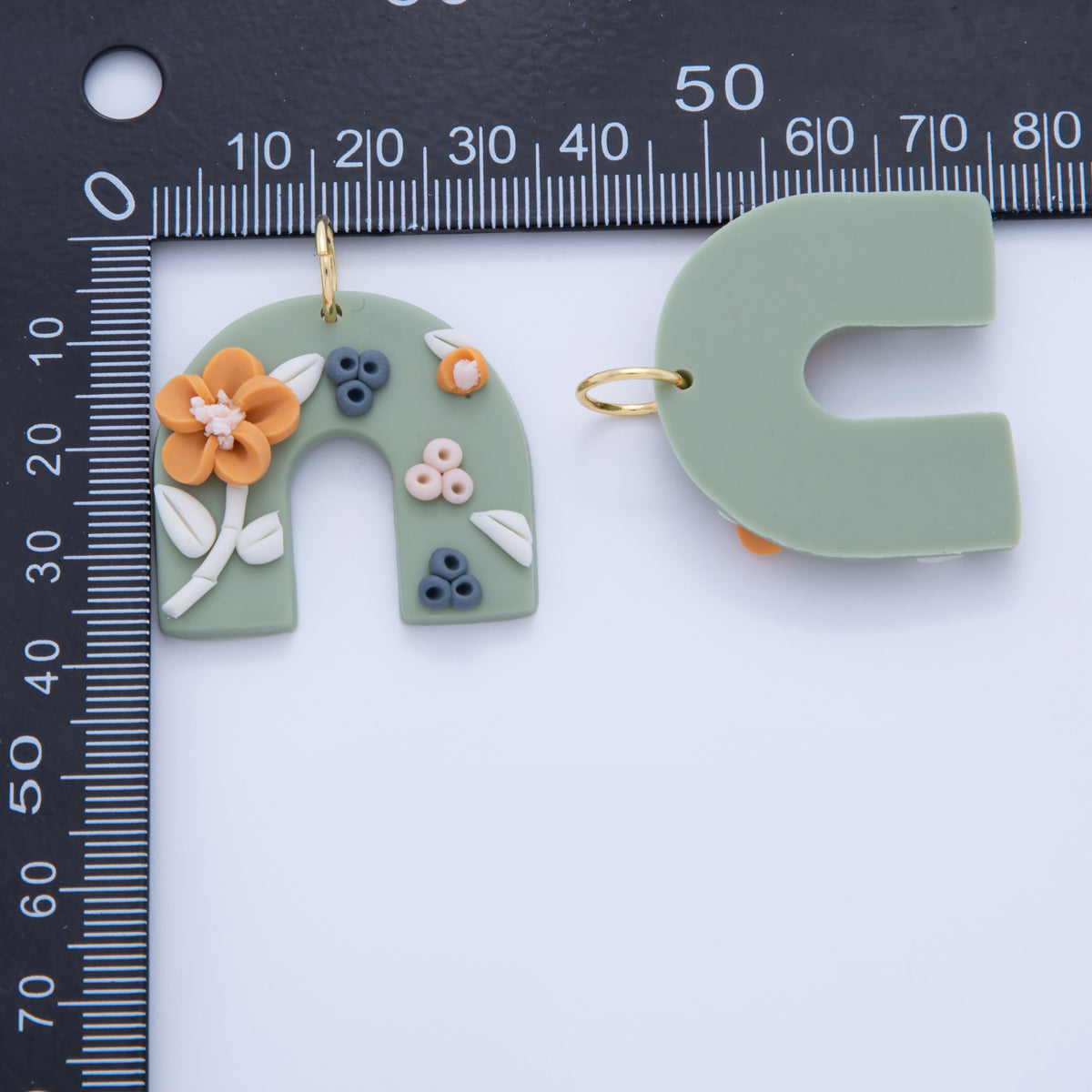 18K Gold Filled Orange Flower Plant Polymer Clay Green U-Shaped Charm | AF366