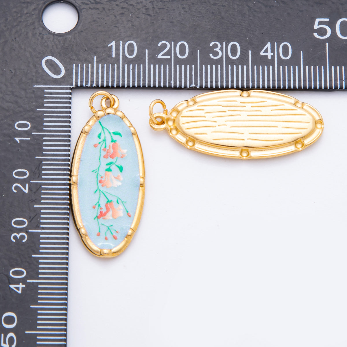 Gold Stainless Steel 37mm Hand-Painted Enamel Oval Wildflower Charm | J398 J406 J409 J411 J419