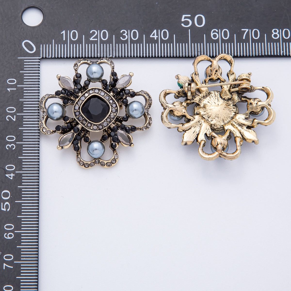 Vintage Antique Gold Flower Blue Black Gray Crystal Brooch Pin | BH-006