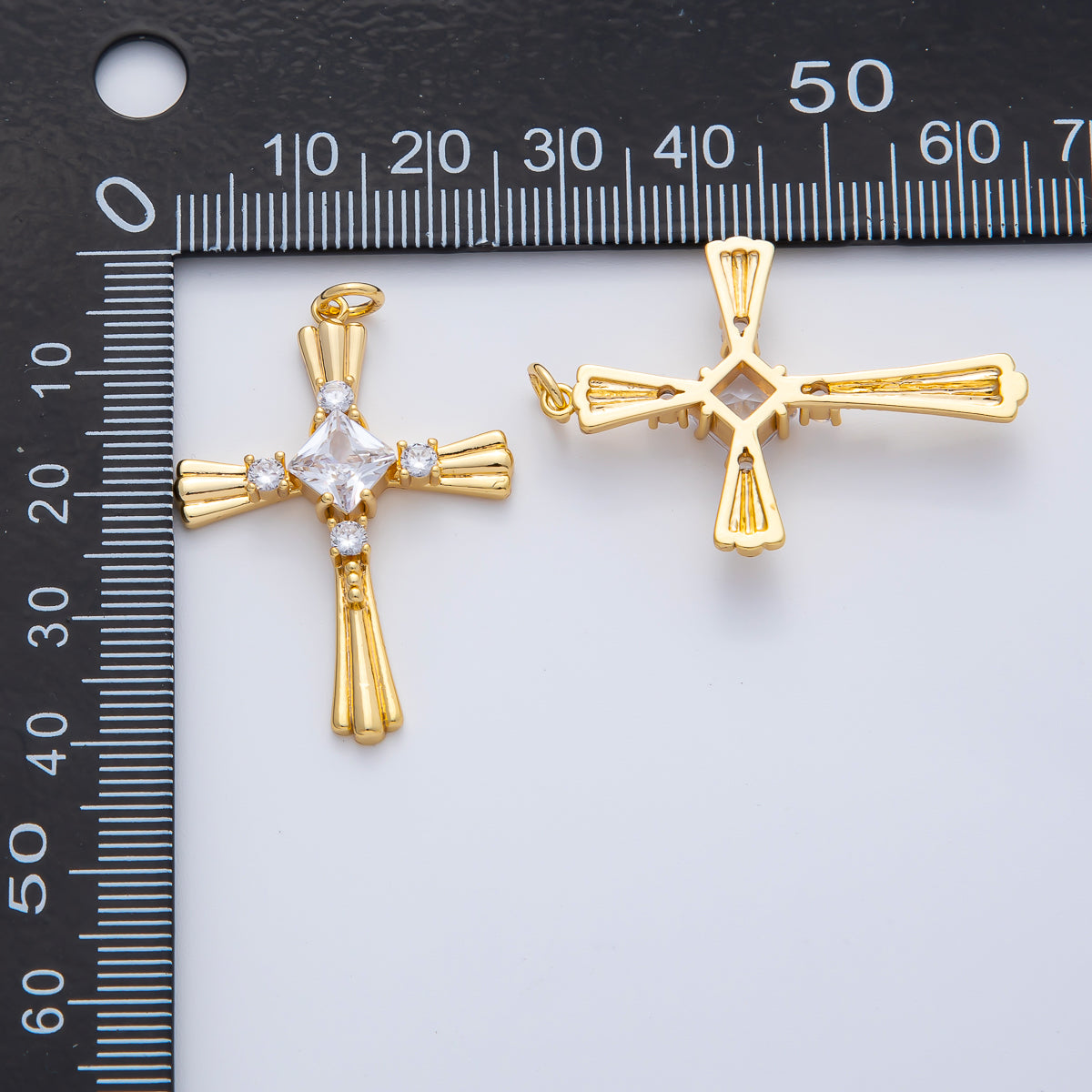 18K Gold Filled 35mm CZ Ribbed Lined Religious Cross Charm | AF1467