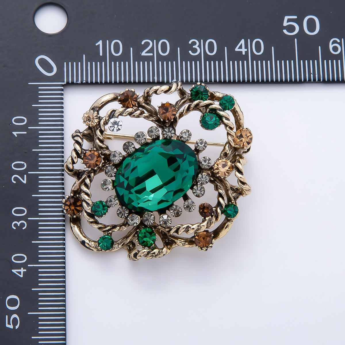 Vintage Gold 39mm Peach, Green Rhinestone Open Flower Rope Pin Brooch | BH-00165 BH-00166
