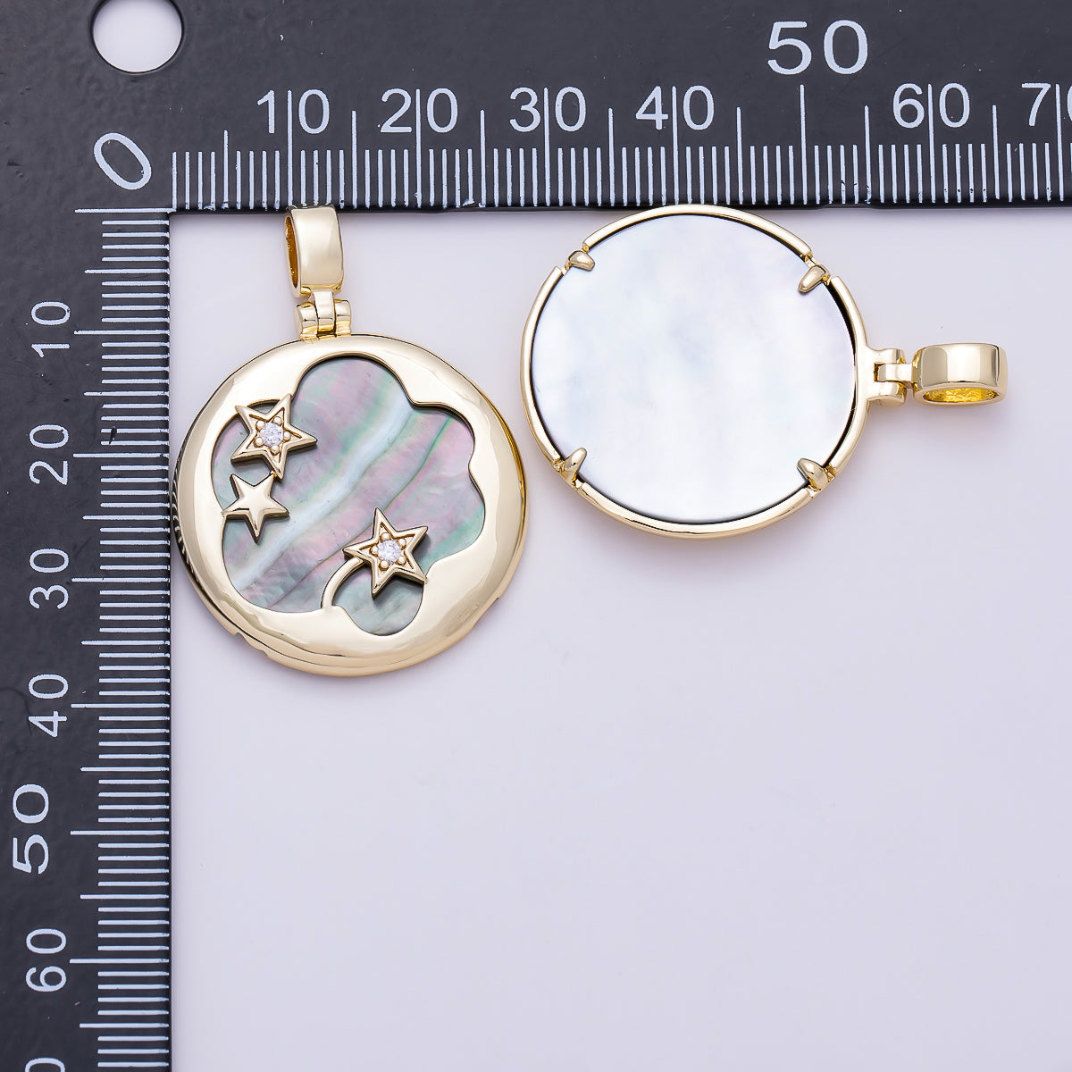 16K Gold Filled 37.5mm Tahitian Black Shell Pearl Celestial Star Bezel Round Pendant | Charms-01480