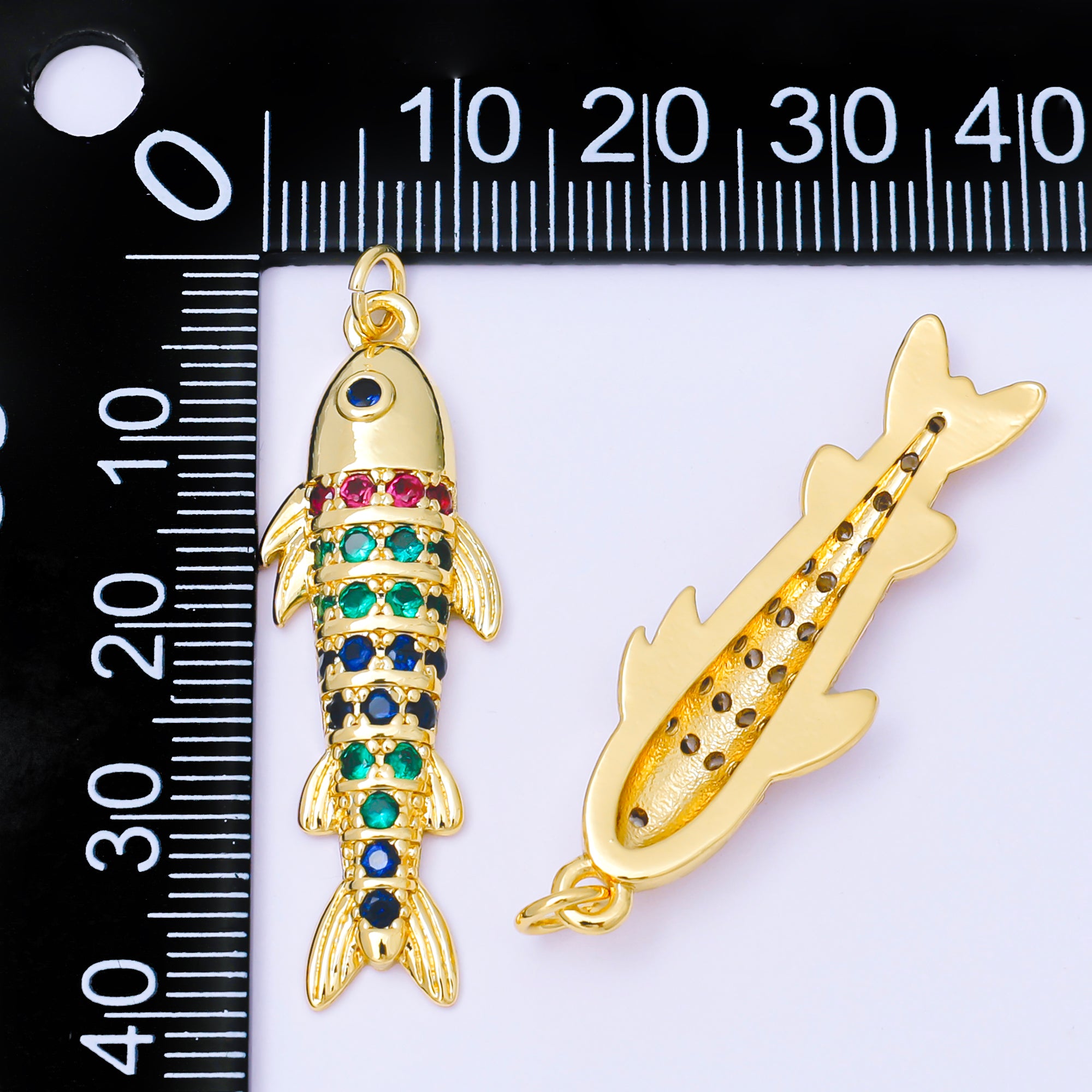 24K Gold Filled Clear, Multicolor Micro Paved CZ Sardine Salmon Fish Charm | AF1305