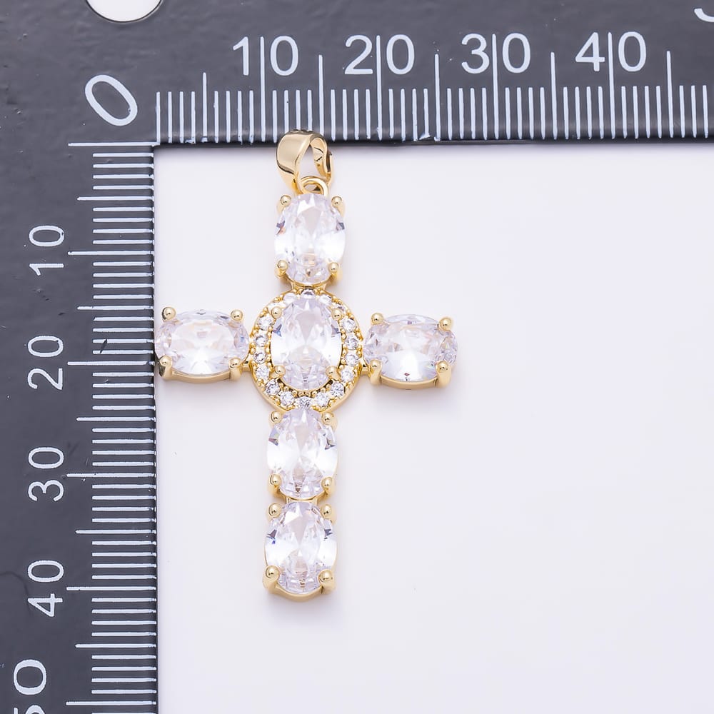 16K Gold Filled 40mm Clear Oval Micro Paved CZ Religious Cross Pendant | Charms-02191