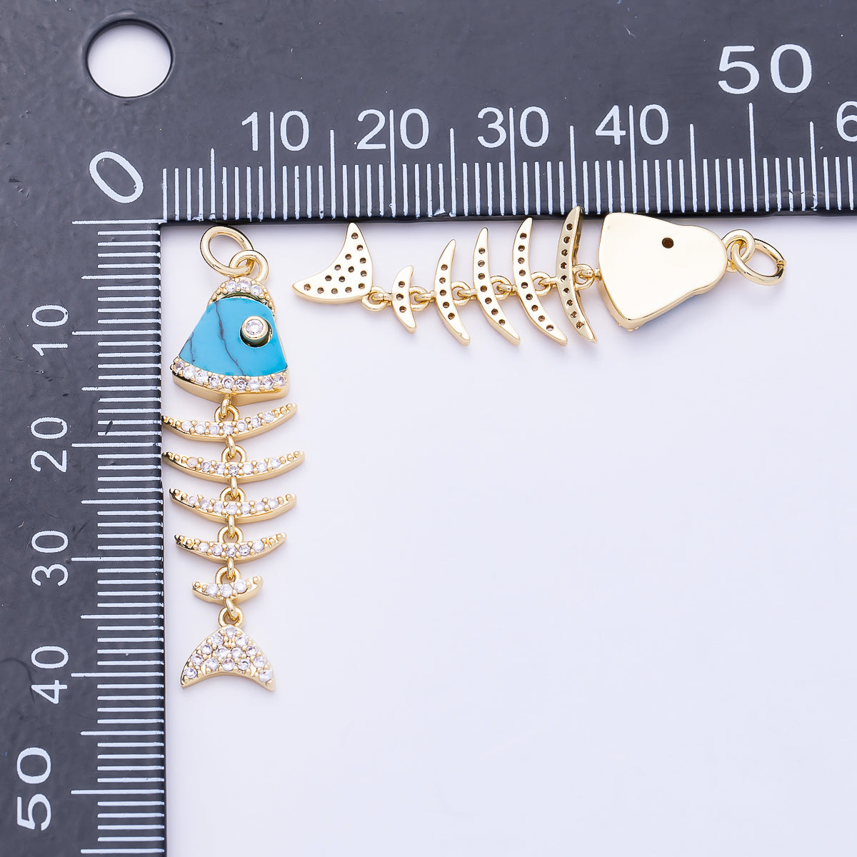 16K Gold Filled 38mm Turquoise, Shell Pearl, Malachite, Onyx, Carnelian Micro Paved CZ Fish Skeleton Charm | Charms-01447 ~ Charms-01451