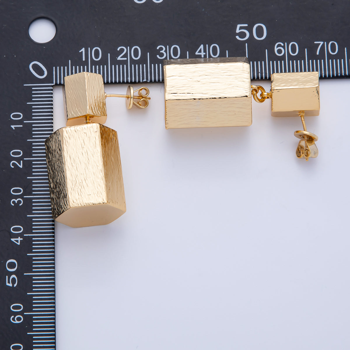 18K Gold Filled 38mm Textured Octagonal Tube Geometric Drop Stud Earrings | T491