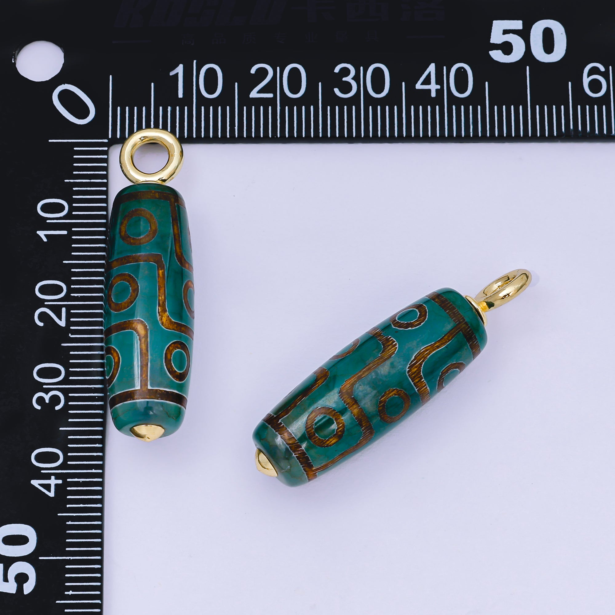 24K Gold Filled 38mm Green Agate Gemstone Tibetan Style Long Bar Tube Charm | AF1298