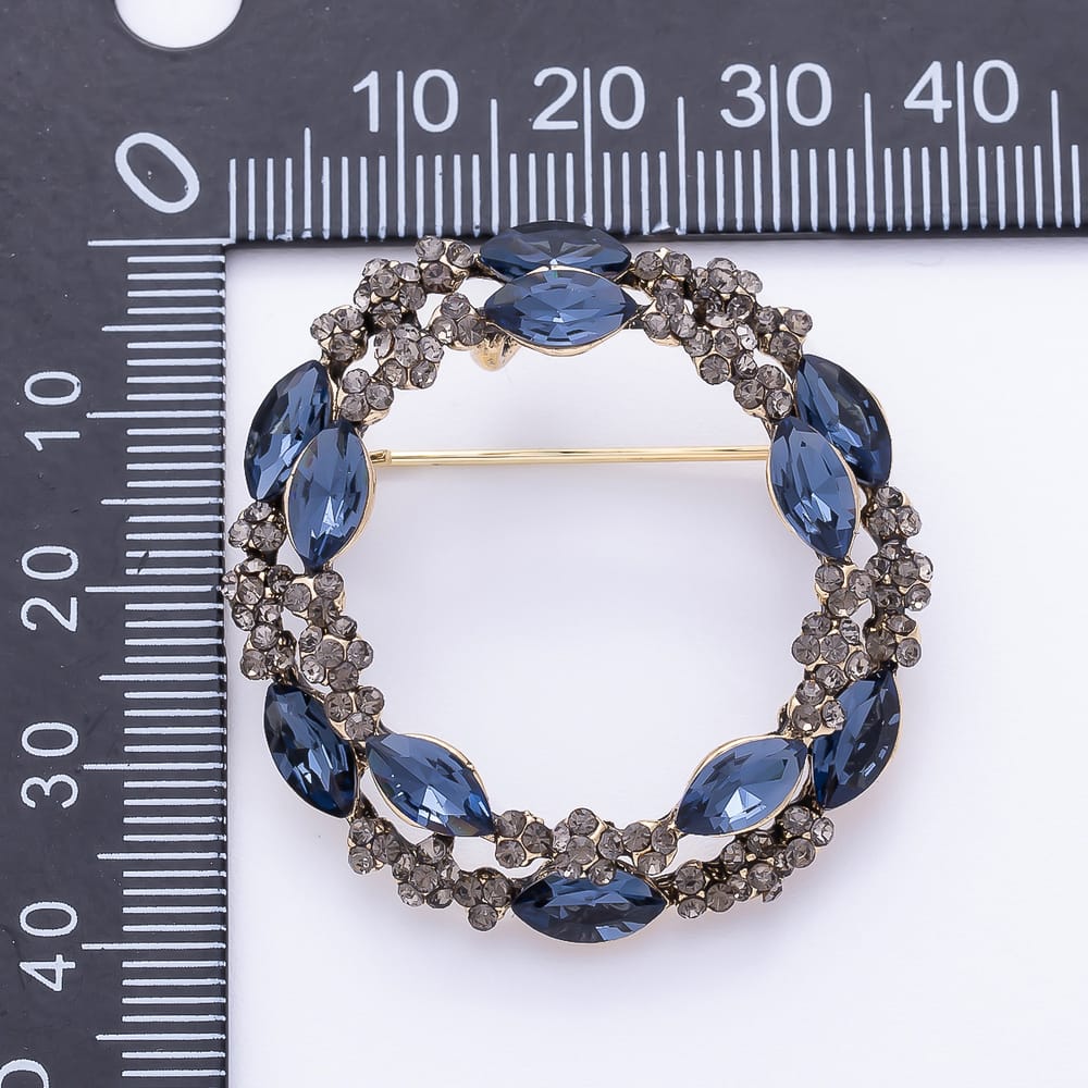 Vintage Gold Clear, Blue Marquise Rhinestone Leaf Flower Wreath Round Pin Brooch | BH-00221 BH-00222