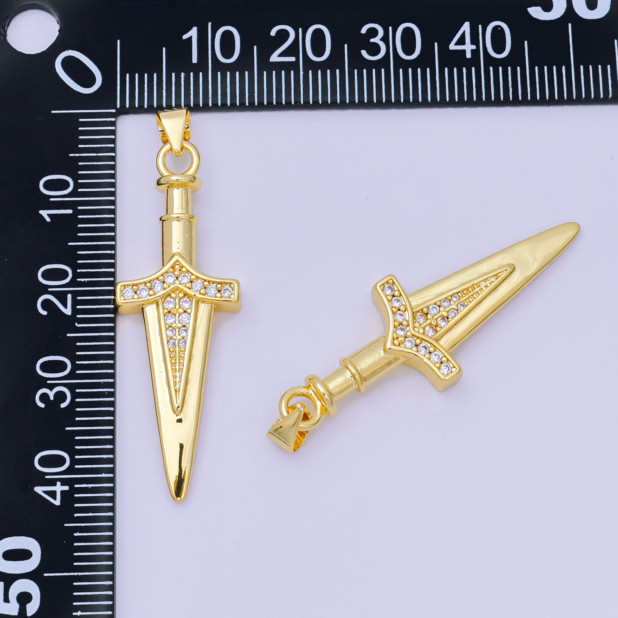 24K Gold Filled 39mm Micro Paved CZ Small Dagger Knife Pendant | AA-1602
