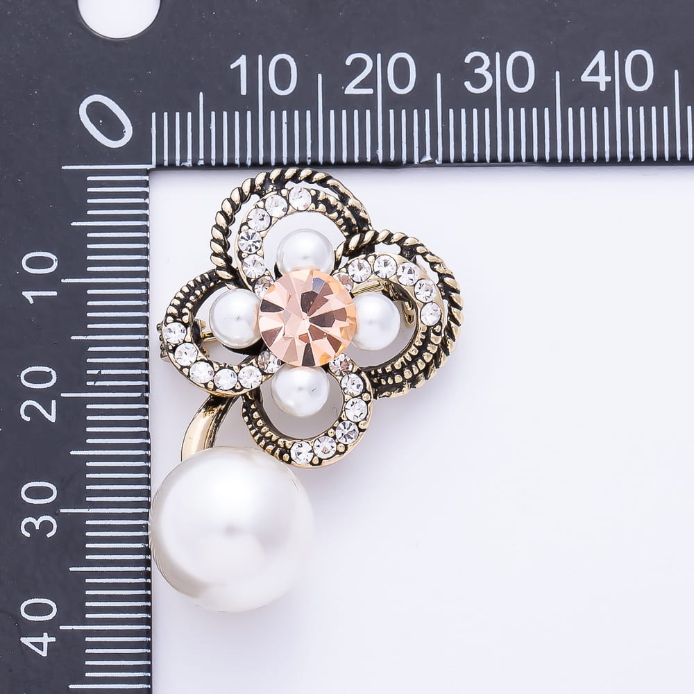 Vintage Gold 30mm White, Black Pearl Rhinestone Open Flower Drop Pin Brooch | BH-00227 BH-00228