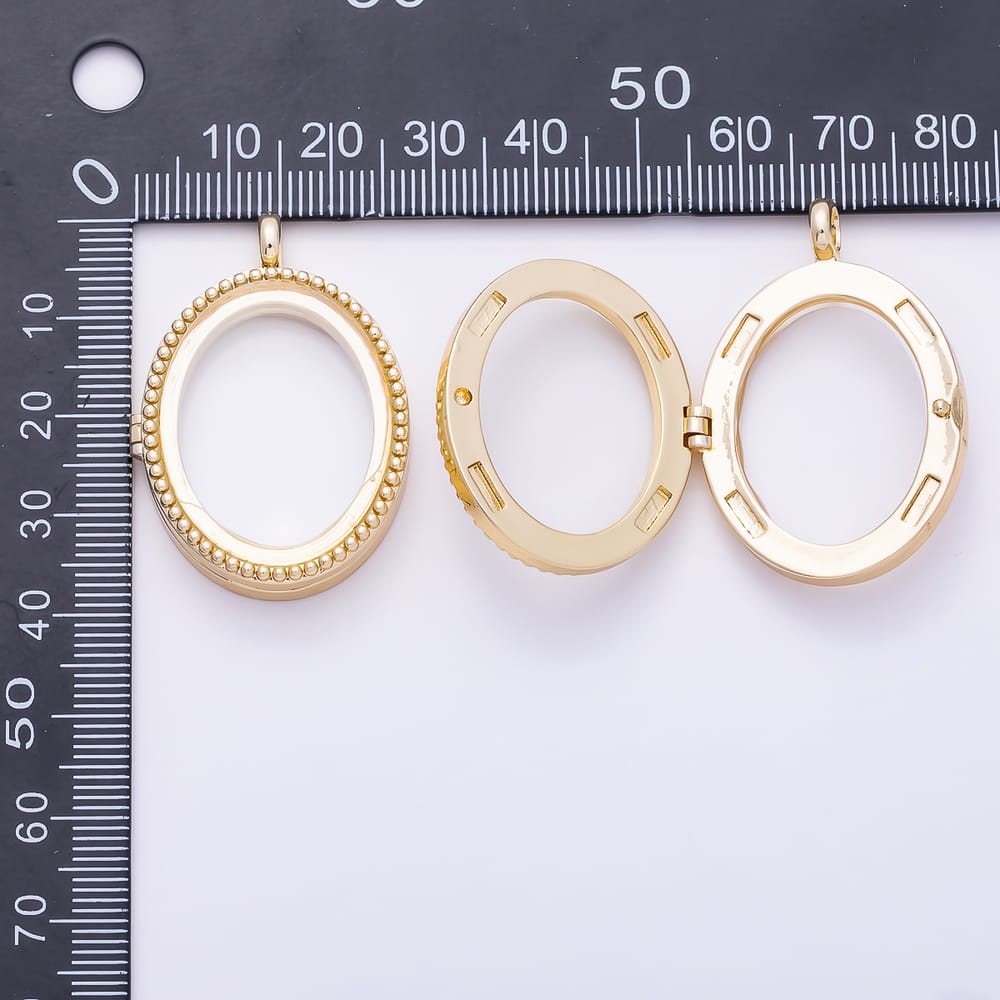 16K Gold Filled 38mm Beaded Edge Oval Glass Floating Memory Locket Pendant | Charms-02206