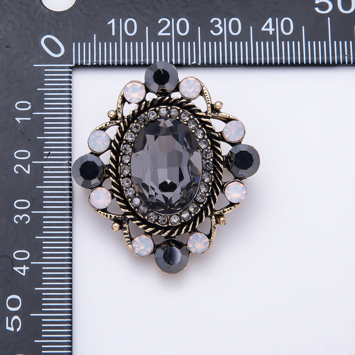 Vintage Gold 39mm Black Multicolor Rhinestone Oval Victorian Statement Pin Brooch | BH-00197