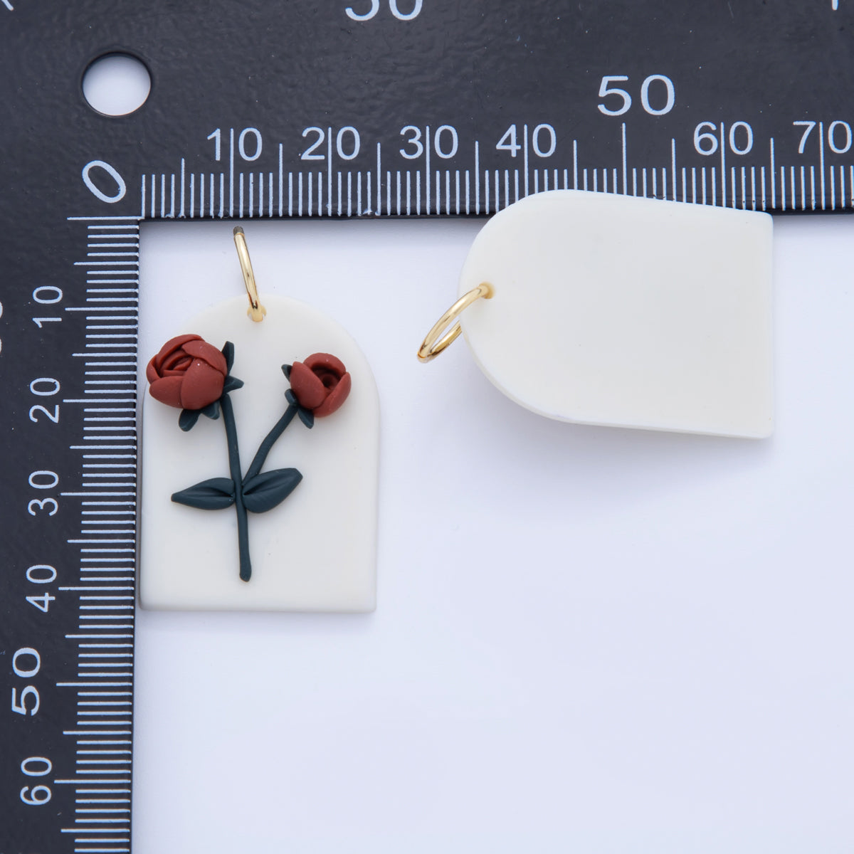 18K Gold Filled Red Rose Flower White Polymer Clay Charm | AF372