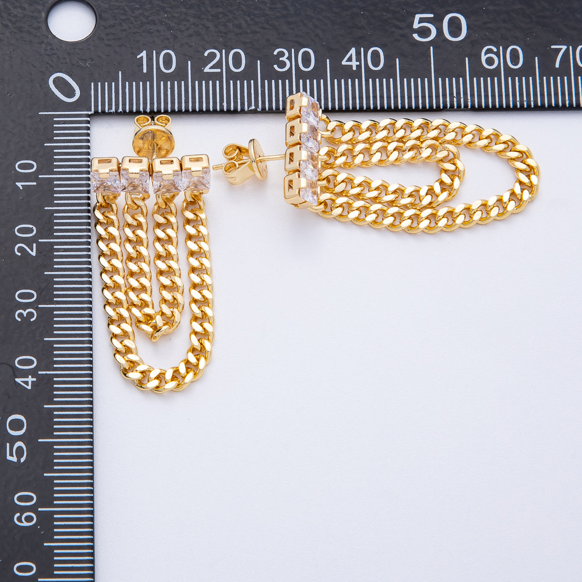18K Gold Filled 40mm Clear Baguette CZ Curb Chain Drop Stud Earrings | T119