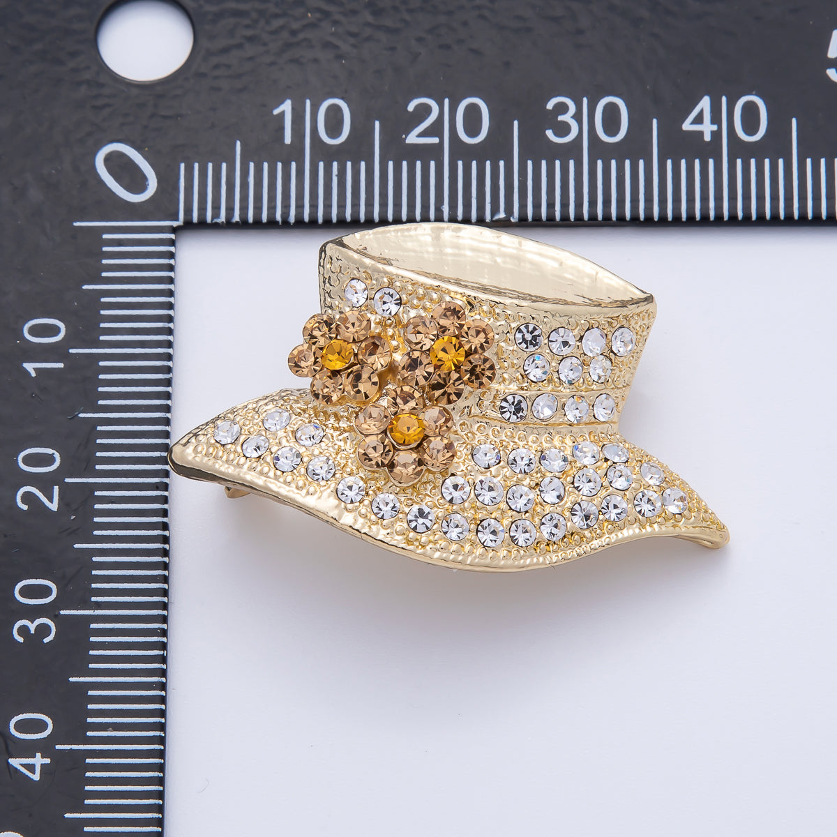 Gold 40mm x 26.5mm Rhinestone Flower Hat Pin Brooch | BH-073