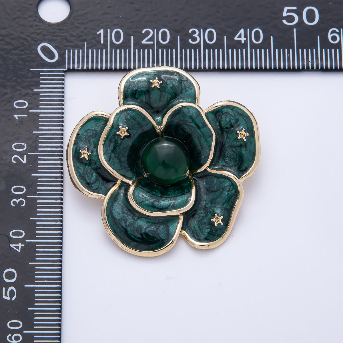 Gold 40mm x 38.4mm White, Green Enamel Flower Pin Brooch | BH-090 BH-091
