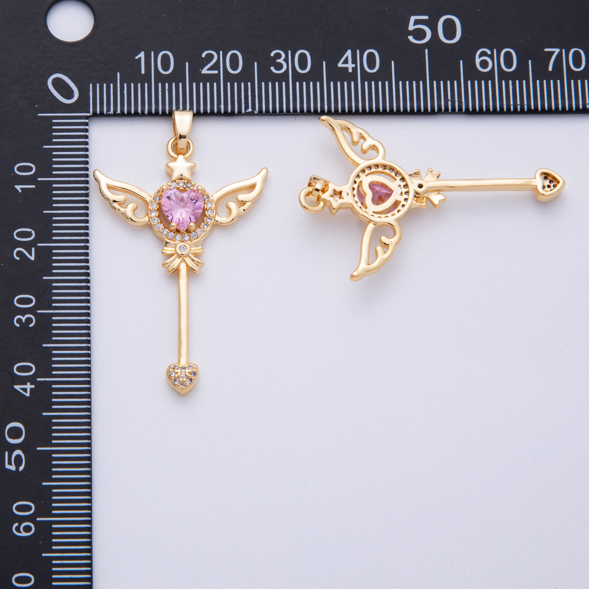 18K Gold Filled 40mm Pink Heart Micro Paved CZ Fairy Magic Wand Pendant | CHARMS-00105
