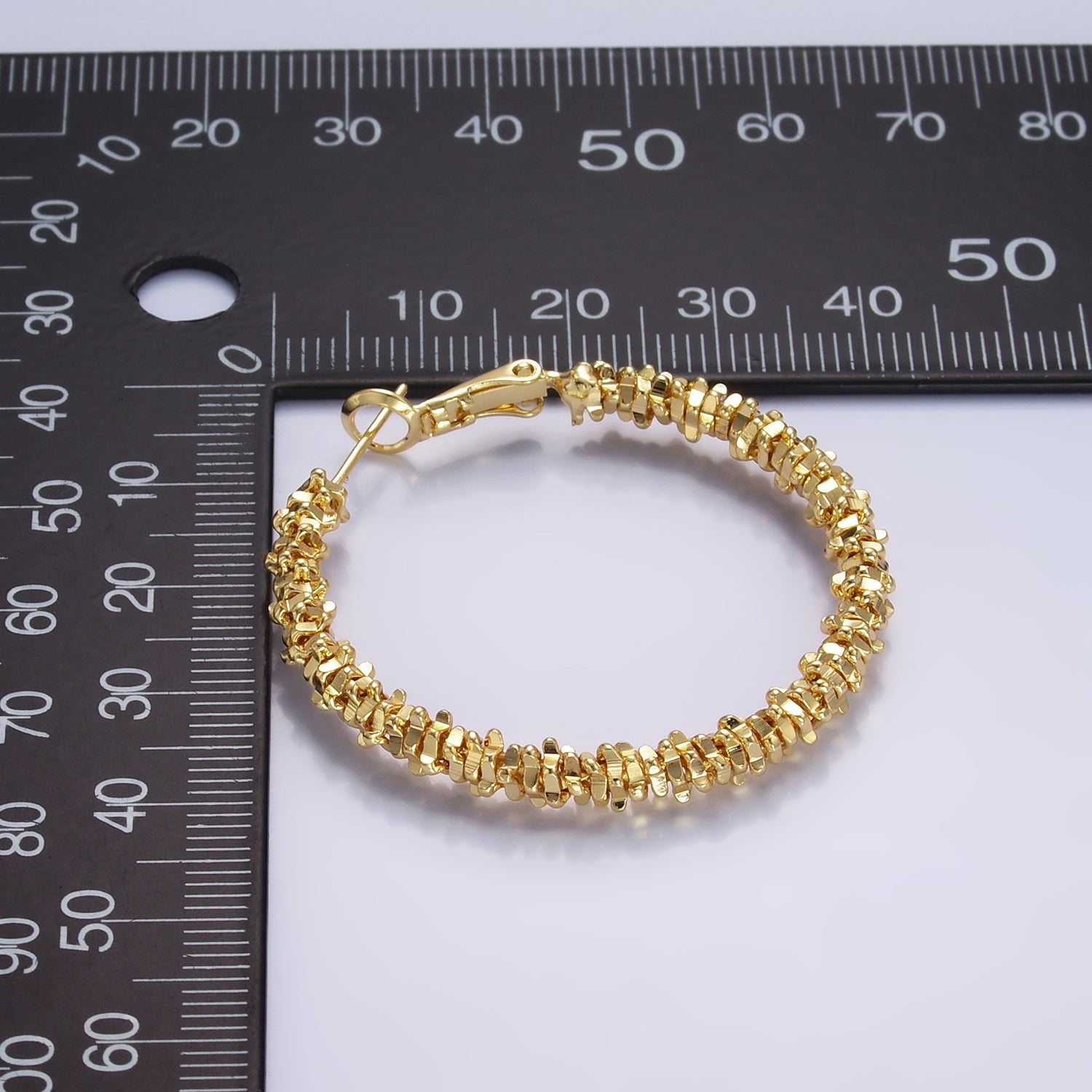 18K Gold Filled 40mm Geomatic Edged Bead Hinge Hoop Earrings | V263