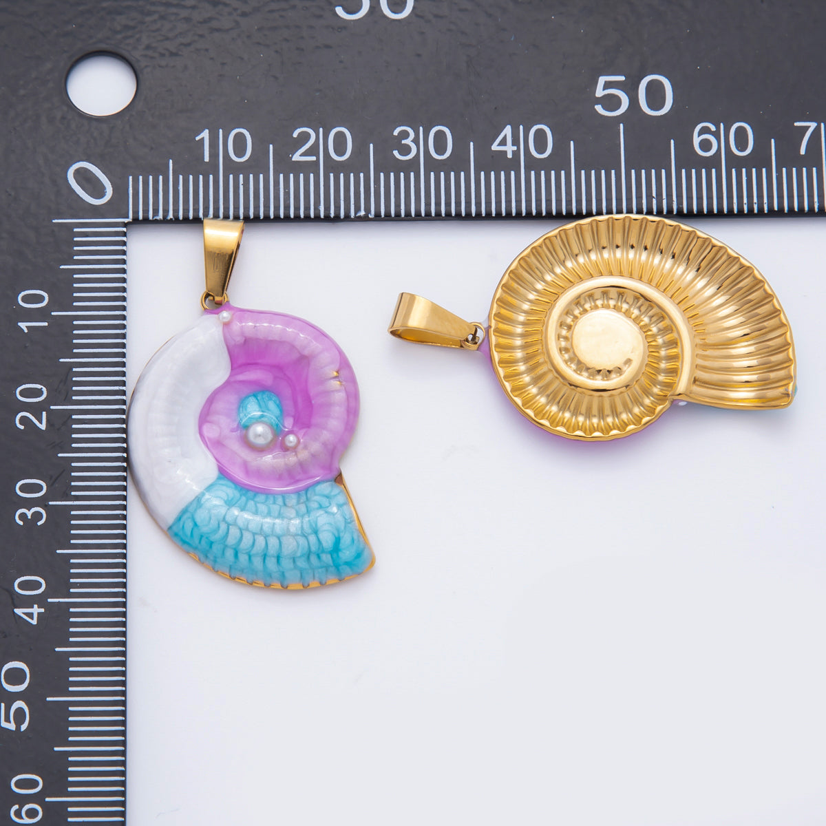 Stainless Steel 40mm Blue & Purple Enamel Art Nautical Ammonite Shell Pendant | P-836