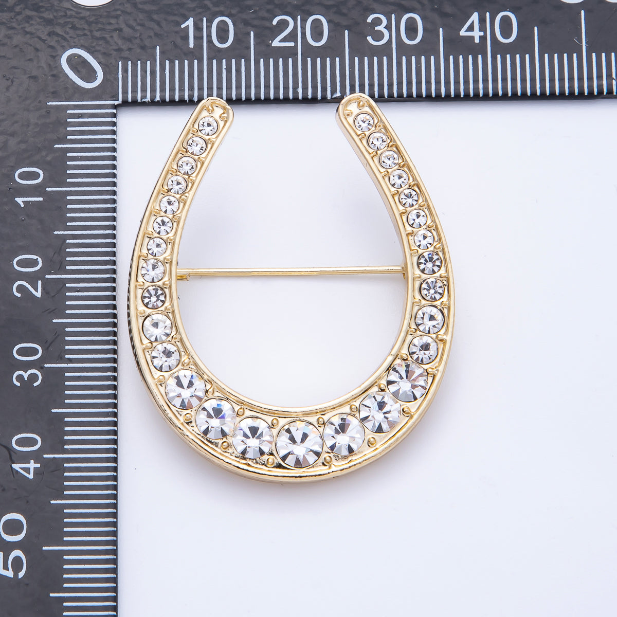 Gold 40.3mm x 33.7mm Clear Rhinestone Gradient Horseshoe Pin Brooch | BH-055