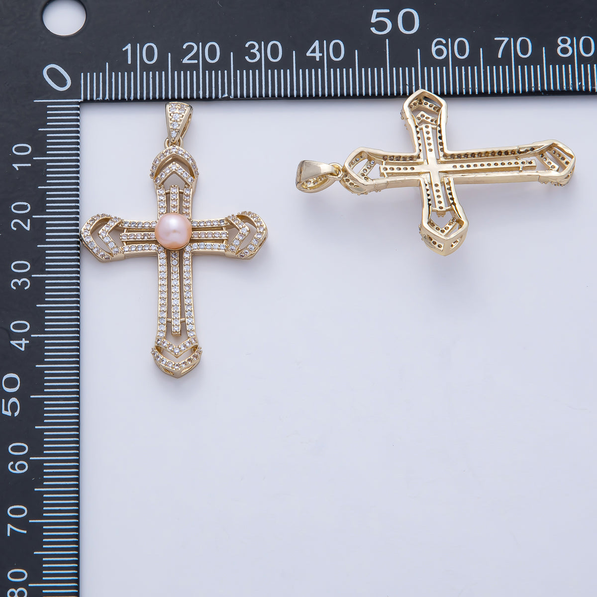 18K Gold Filled 40mm White, Pink Shell Pearl Micro Paved CZ Passion Cross Pendant | AF1194