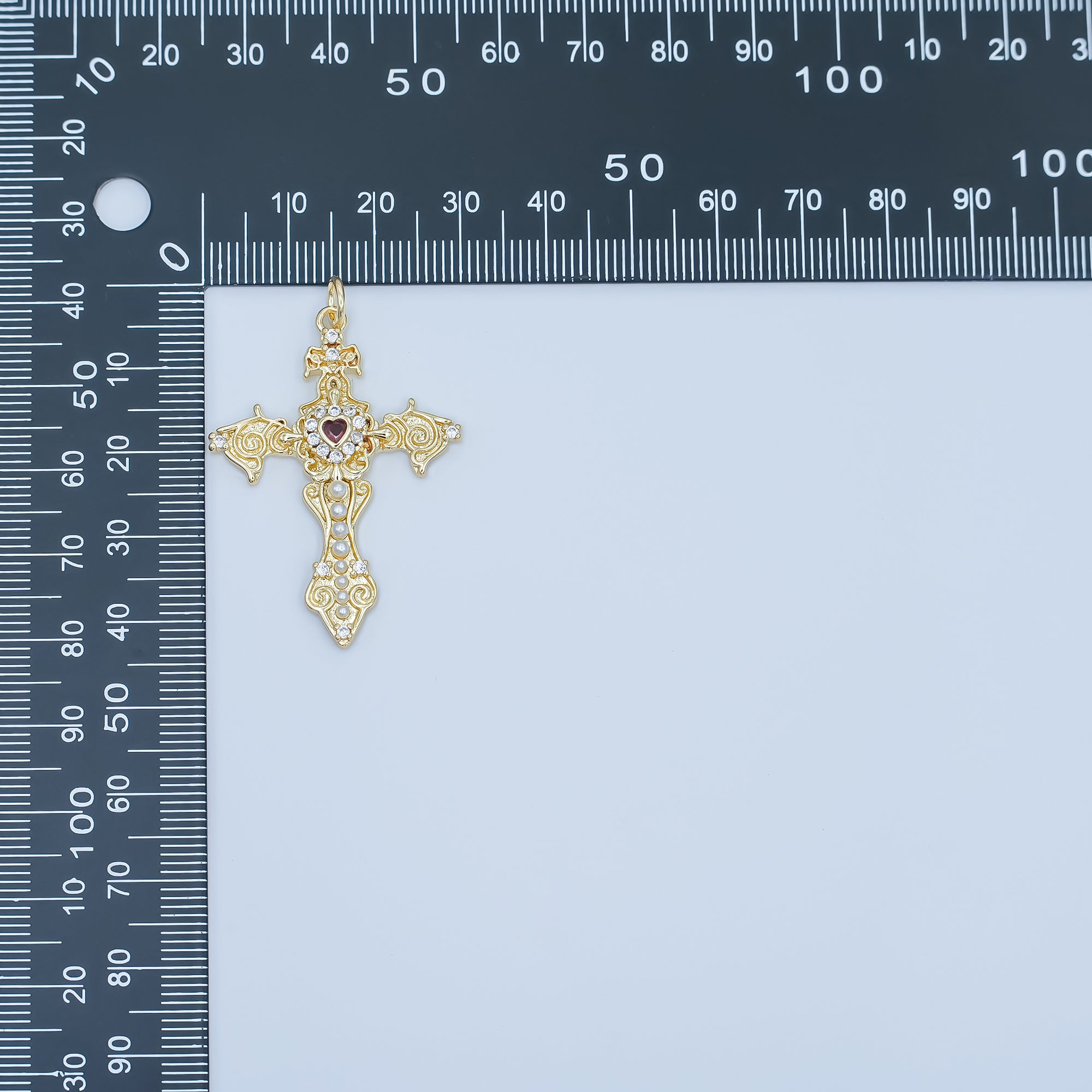 24K Gold Filled Red CZ Heart Shell Pearl Passion Cross Charm | N032