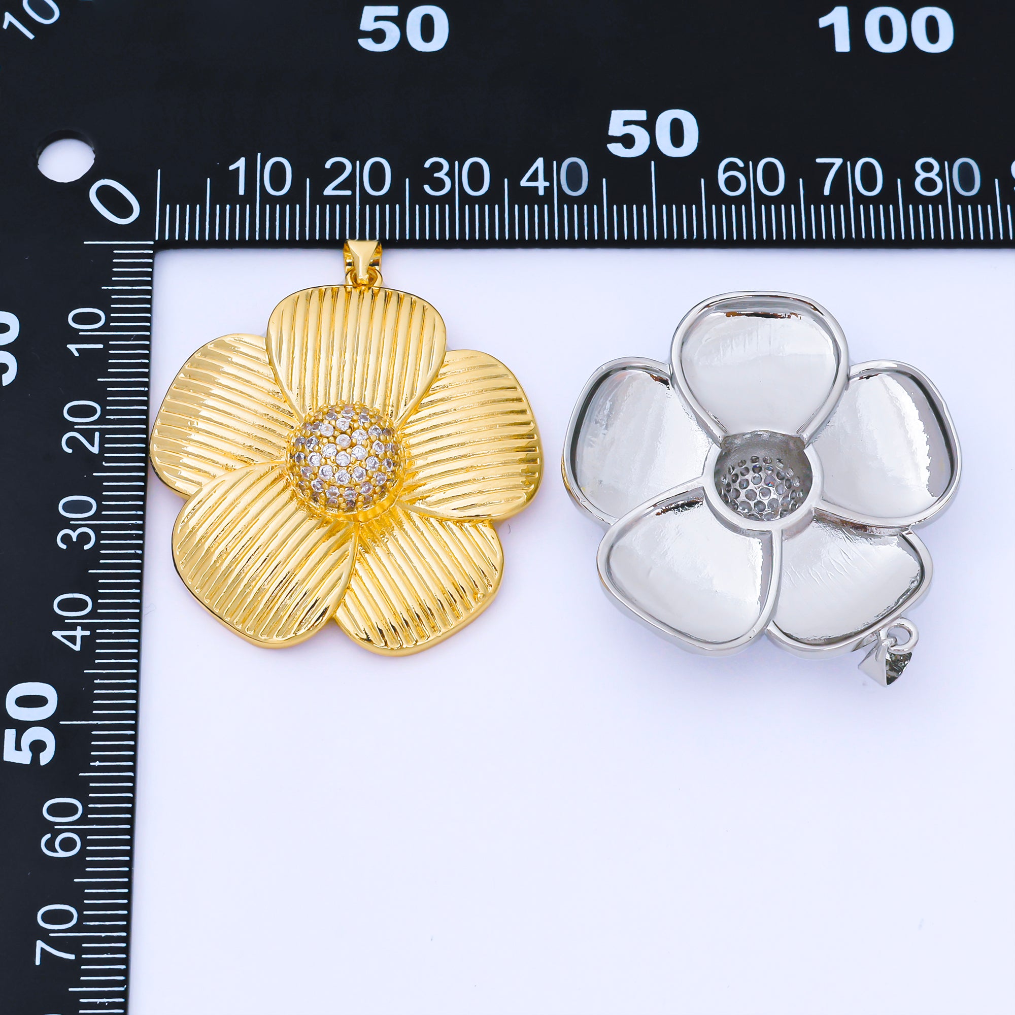 24K Gold Filled 41mm Micro Paved CZ Ribbed Flower Pendant in Gold & Silver | AA1657 AA1660