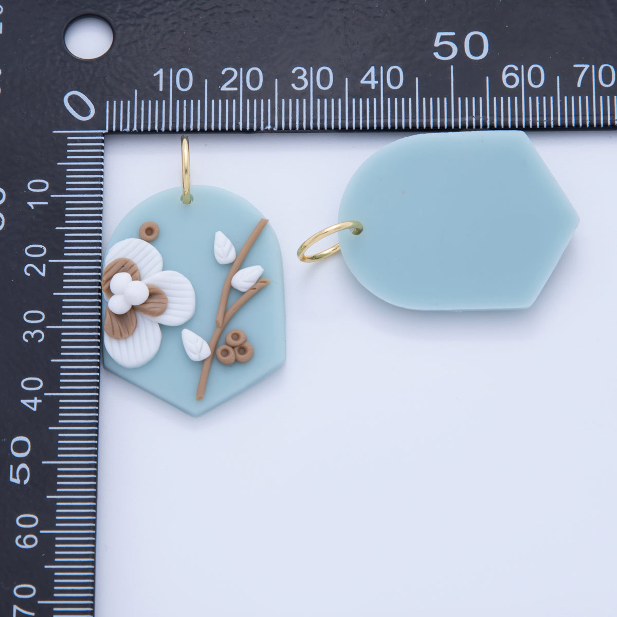 18K Gold Filled White Flower Plant Blue Polymer Clay Charm | AF364