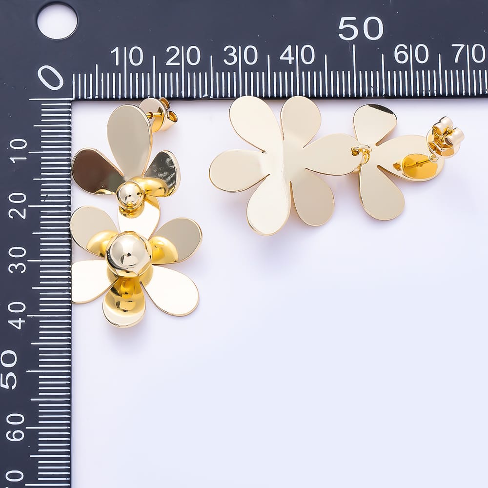 16K Gold Filled 41mm Double Tiered Daisy Flower Drop Statement Stud Earrings | Earrings-00977