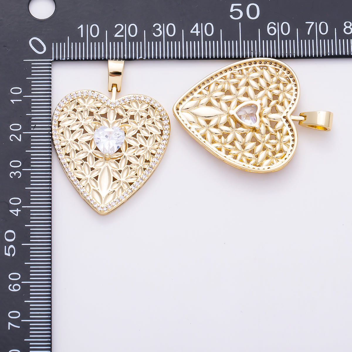 16K Gold Filled 41mm Heart CZ Filigree Flower Openwork Heart Pendant | Charms-01651