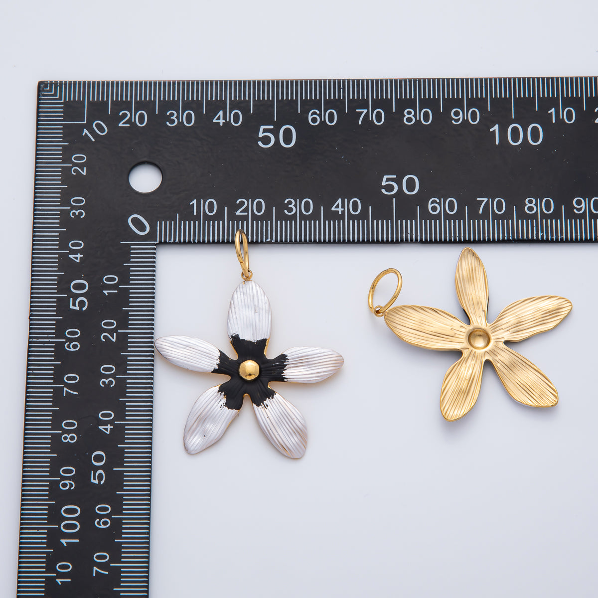 18K Gold Plated 41mm Handpainted Black, Green, Pink Enamel Fresh Flower Charm | AF1424 AF1425