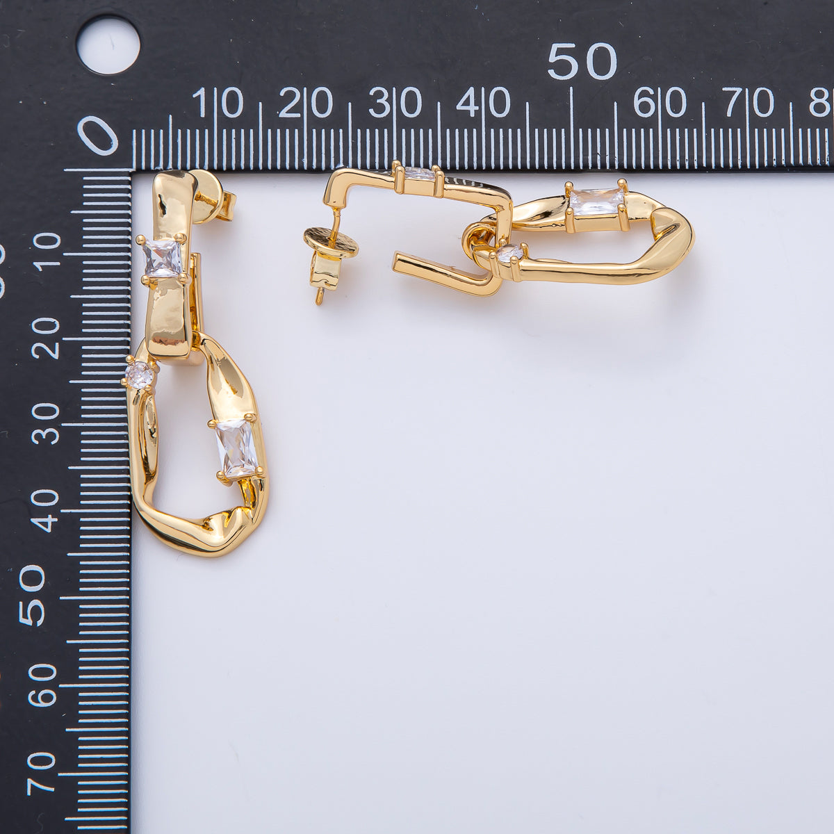 18K Gold Filled 42mm Clear Baguette Hammered Geometric Rectangular Drop Stud Earrings | T490