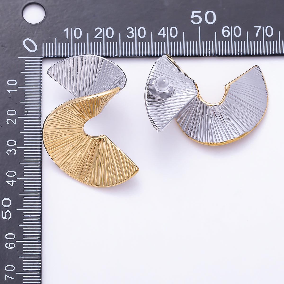 Stainless Steel Mixed Metal PVD 42mm Wide Band Twist Dotted Textured Geometric Stud | Earrings-00735