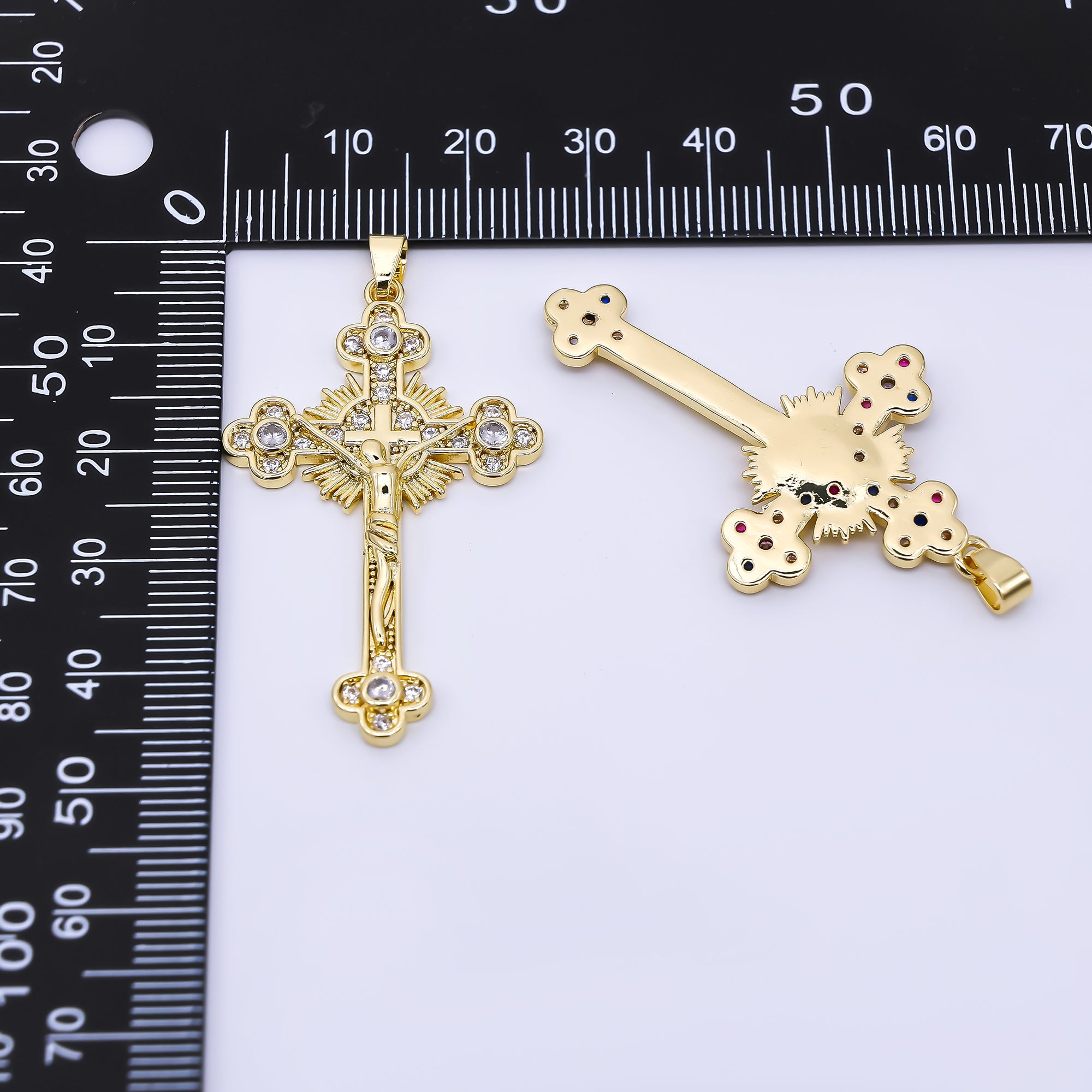 24K Gold Filled 42.5mm Micro Paved CZ Mesiah Holy Cross Christian Charm | AA-1569