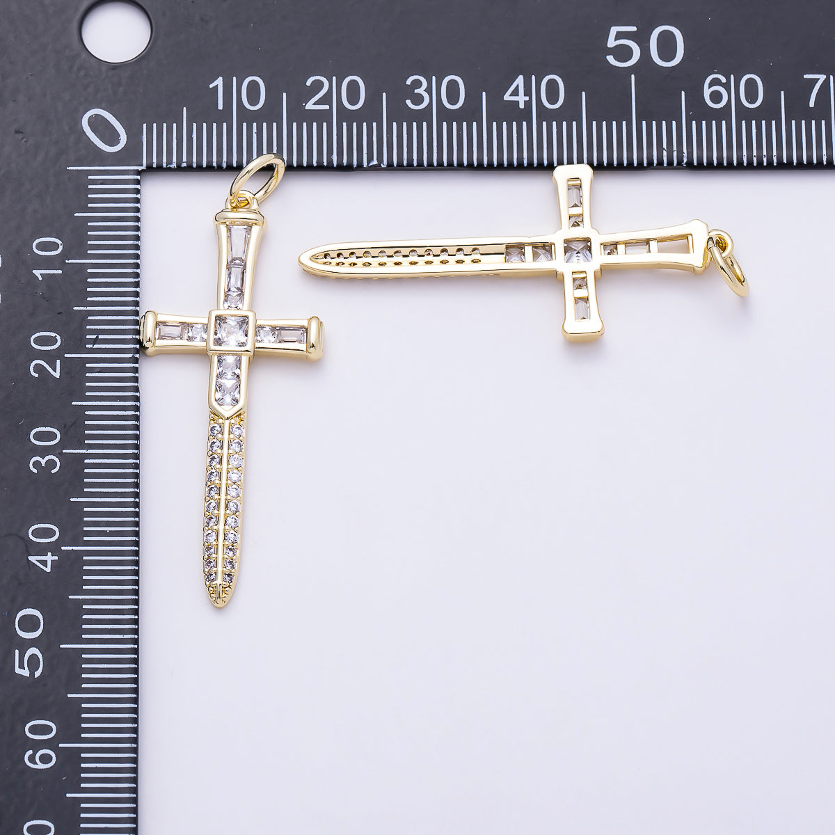 16K Gold Filled 43mm Baguette Micro Paved CZ Sword Cross Religious Pendant | Charms-01385