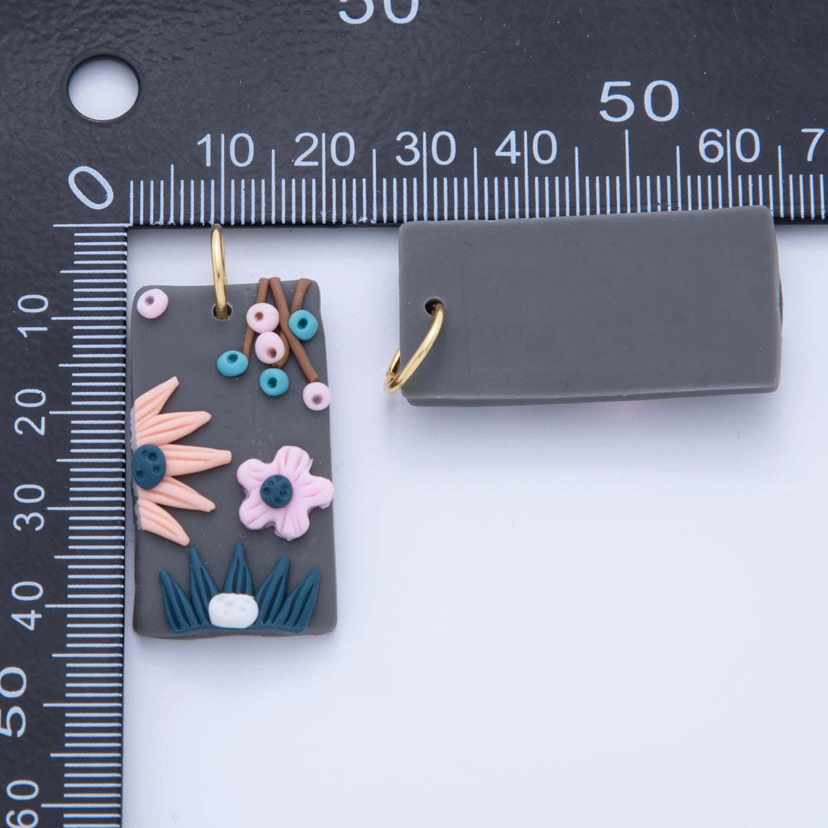 18K Gold Filled Multicolor Flower Plant Grey Polymer Clay Rectangle Charm | AF362