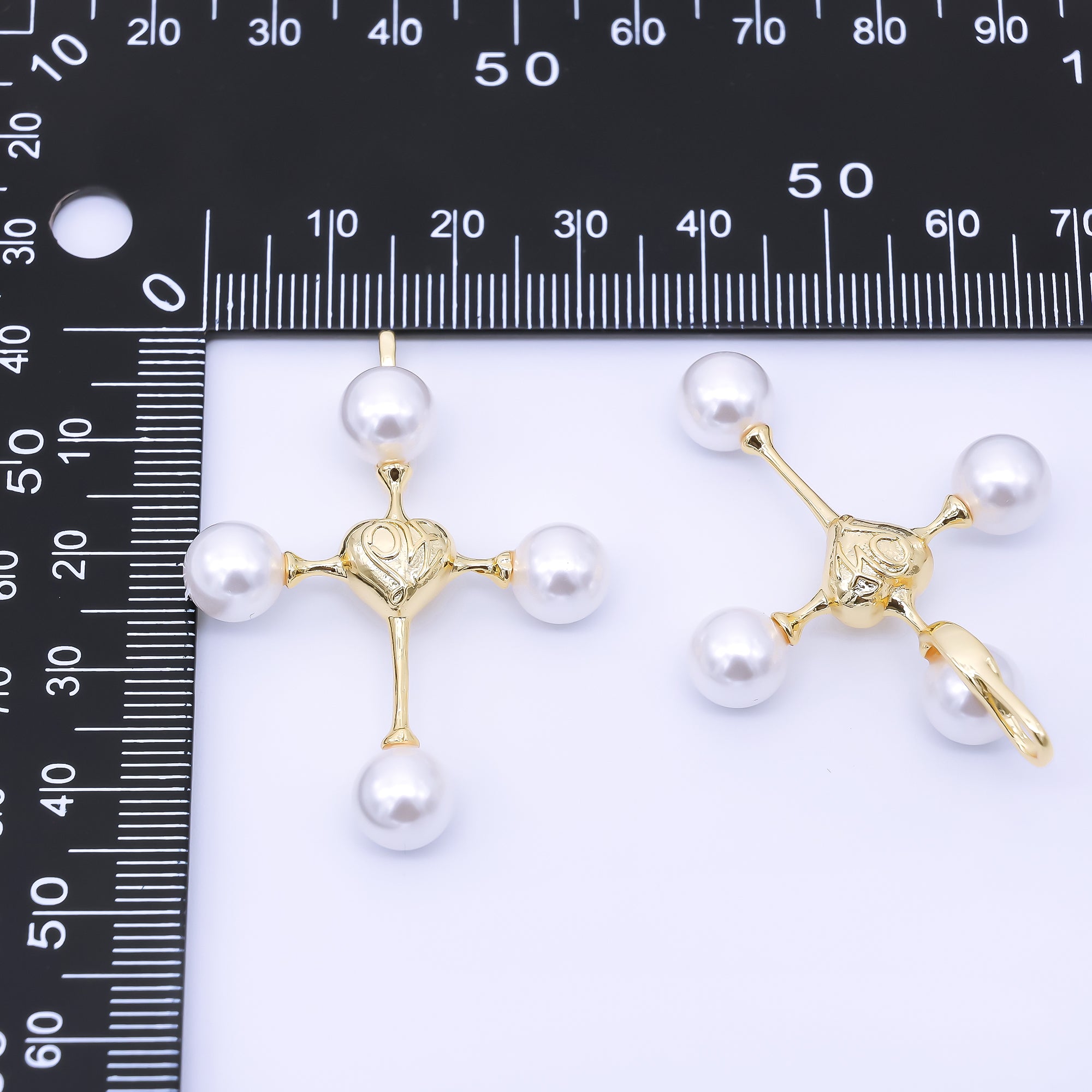 24K Gold Filled 44mm Shell Pearl Christian Cross Heart Pendant | AF570