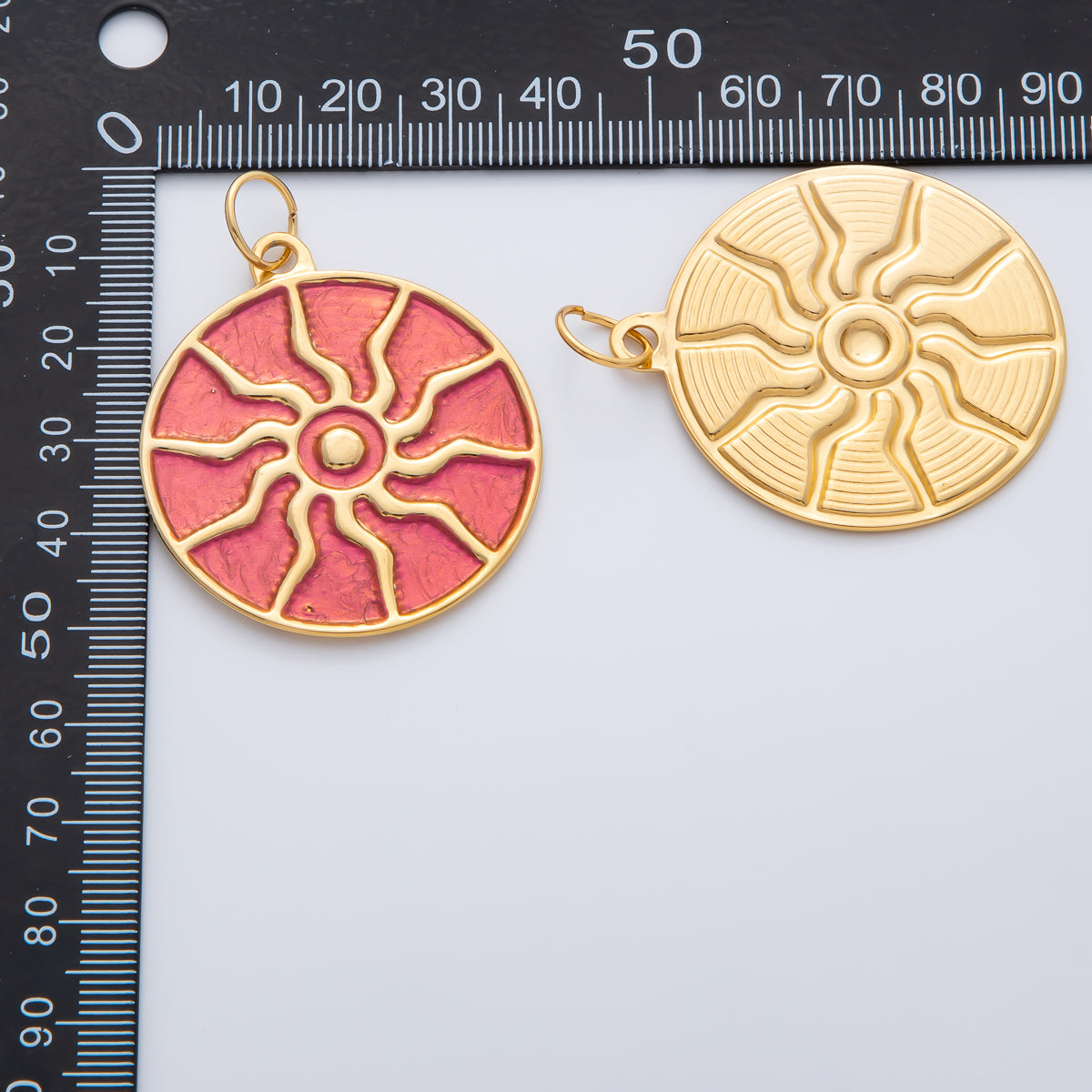 18K Gold Plated 45mm Handpainted Red Enamel Solar Eclipse Medallion Charm | AF1418