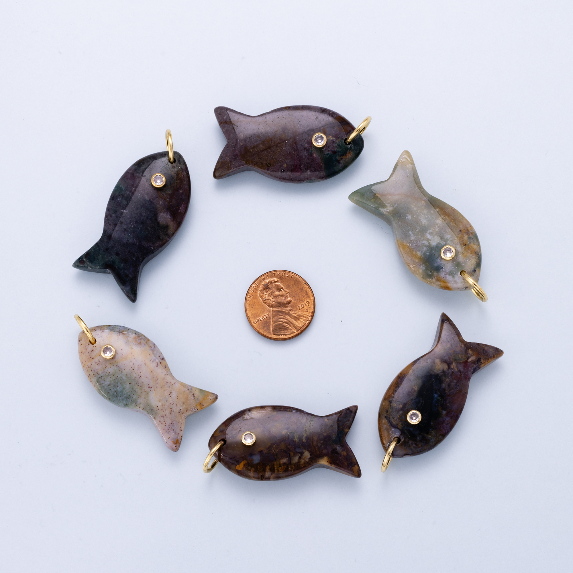 SUMMER 18K Gold Filled 44mm Clear CZ VARIOUS RANDOM Moss Agate Gemstone Fish Charm | Charms-01611