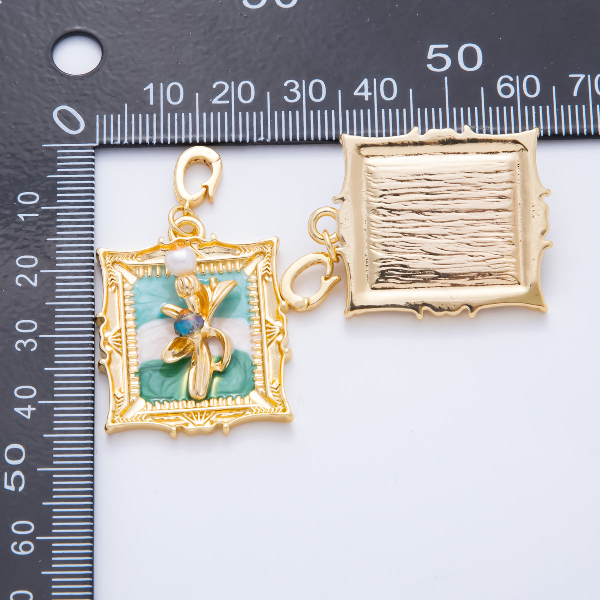 18K Gold Filled 45mm Shell Pearl Blue Enamel Flower Artisan Painting Snap Drop Bail Pendant | AH814